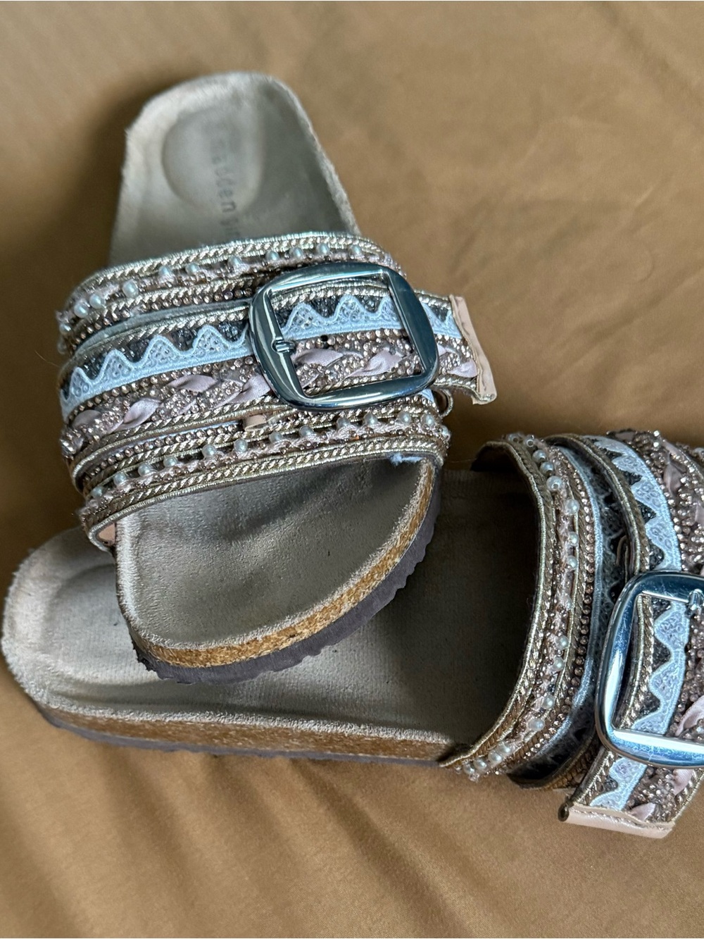 Madden Girl Women size 7 Embellished Slide Sandals Rhinestone Beaded Buckle Y2K